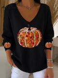 Women's Pumpkin Print Casual Striped Fabric Long Sleeve T-shirt