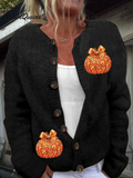 Women's Autumn Sequin Pumpkin Print Cardigan Sweater