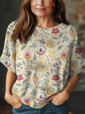 Women's Vintage Floral Art Print Casual Crew Neck Short Sleeve Knitted Sweater