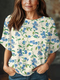 Women's Vintage Flower Art Print Casual Crew Neck Short Sleeve Knitted Sweater