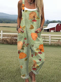 Women's Autumn Pumpkin Vintage Art Print Casual Cotton Wide Leg Jumpsuit
