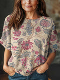 Women's Vintage Ethnic Art Flower Print Casual Crew Neck Short Sleeve Knitted Sweater
