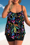 Plus Size Black Leaf Print Tankini Set