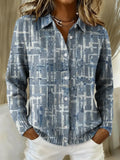 Women's Vintage Blue Pattern Printed Collared Sweater