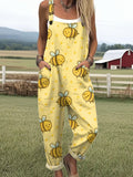 Women's Funny Bee Art Print Casual Wide Leg Jumpsuit