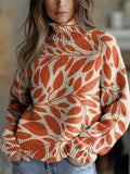 Women's Orange Vintage Art Leaf Print Knit Turtleneck Pullover Sweater