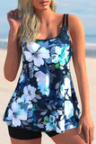 White Print Double Straps Plus Size Tankini Set
