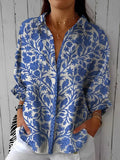 Women's Vintage Floral Art Print Casual Linen V-neck Shirt