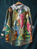 Vintage Funny Fish Art Print Casual Cotton And Linen Shirt