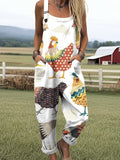 Women's Colorful Rooster Drawing Art Print Casual Wide Leg Jumpsuit