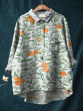 Fresh Orange Tree Decorative Pattern Casual Cotton And Linen Shirt