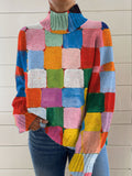 Women's Art Color Plaid Print Knit Turtleneck Pullover Sweater