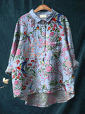 Vintage Lovely Birds Floral Art Print Casual Cotton And Linen Shirt
