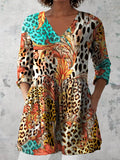 Women's Retro Leopard Floral Art Print Casual Cotton And Linen V-neck Top