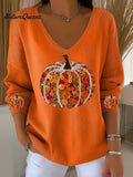 Women's Pumpkin Print Casual Striped Fabric Long Sleeve T-shirt