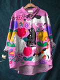 Vintage Lovely Cats Art Print Casual Cotton And Linen Shirt