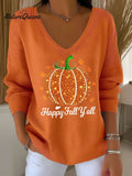 Women's Autumn Rhinestone Pumpkin Print V-Neck T-Shirt