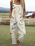 Women's Vintage Dogs Art Print Casual Wide Leg Jumpsuit
