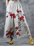 Women's Retro Red Plum Art Print Cotton and Linen Comfortable Wide Leg Pants
