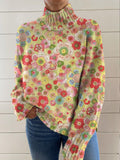 Women's Vintage Art Flower Print Knit Turtleneck Pullover Sweater