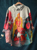 Women's Vintage Hand Painted Chicks Print Casual Cotton And Linen Shirt