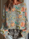 Women's Vintage Flower Art Print Casual Pullover Sweater