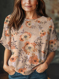 Women's Vintage Floral Art Print Casual Crew Neck Short Sleeve Knitted Sweater