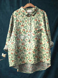 Vintage Lovely Floral Strawberry Art Print Casual Cotton And Linen Shirt