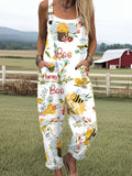 Women's Bee Vintage Flowers Art Print Casual Wide Leg Jumpsuit
