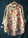 Women's Small Red Flowers Print Casual Cotton And Linen Shirt