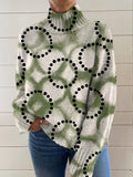 Women's Green Art Abstract Circle Print Knit Turtleneck Pullover Sweater