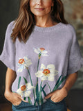 Women's Vintage Floral Art Print Casual Crew Neck Short Sleeve Knitted Sweater