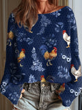 Women's Vintage Flower Chicken Art Print Casual Pullover Sweater