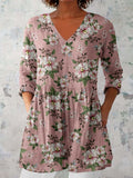 Women's Elegant Floral Pattern Round Neck Cotton and Linen Top
