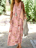 Women's Resort Style Floral Pattern Vest Style Loose Cotton and Linen Dress