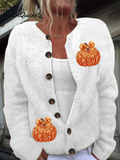 Women's Autumn Sequin Pumpkin Print Cardigan Sweater