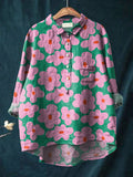 Vintage Lovely Floral Art Print Casual Cotton And Linen Shirt