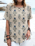Women's Elegant Floral Pattern Round Neck Cotton and Linen Top