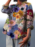 Women's Vintage Floral Art Print Casual Cotton And Linen Shirt