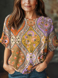 Women's Vintage Art Ethnic Flower Print Casual Crew Neck Short Sleeve Knitted Sweater