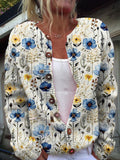 Women's Vintage Floral Art Print Buttoned Cardigan Sweater