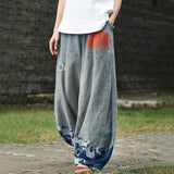 Women's Japanese Art Crane Waves Pocket Loose Casual Pants