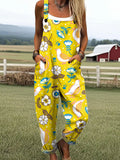 Women's Cute Bird and Flower Art Print Casual Cotton Wide Leg Jumpsuit