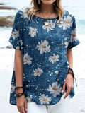 Women's Elegant Floral Round Neck Cotton and Linen Top