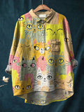Vintage Lovely Cats Art Print Casual Cotton And Linen Shirt