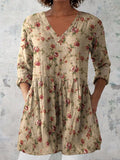 Women's Retro Floral Art Print Casual Cotton And Linen V-neck Top
