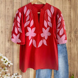 100% Cotton Timeless Red/Green Embroidered Blouse with Floral Details - Perfect for Casual Outings, Weekends & Summer Women Style Effortless Wear for Teachers Moms Top