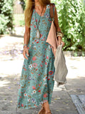 Women's Resort Style Floral Pattern Vest Style Loose Cotton and Linen Dress