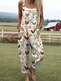 Women's Lovely Chicken Floral Art Print Casual Wide Leg Jumpsuit