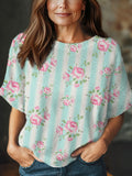 Women's Vintage Flower Art Print Casual Crew Neck Short Sleeve Knitted Sweater